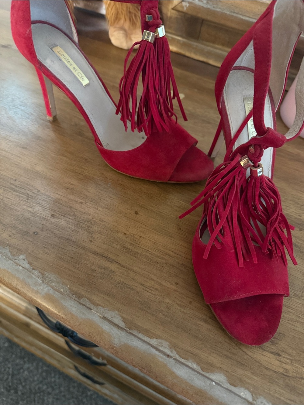 Louise et Cie Red Suede Tassel Stiletto Sandals